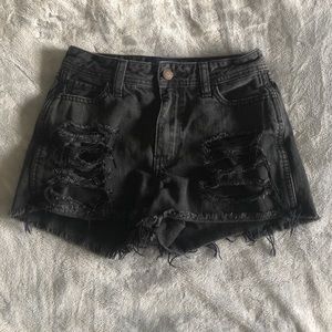 Black high waisted distressed jean shorts